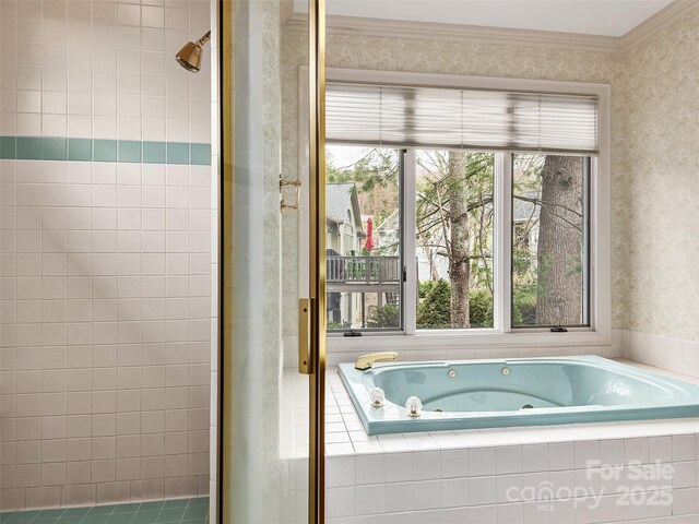 full bath featuring a jetted tub, wallpapered walls, a shower stall, and a healthy amount of sunlight