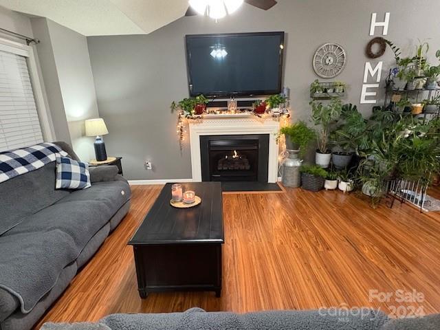 living room featuring ceiling fan and wood-type flooring