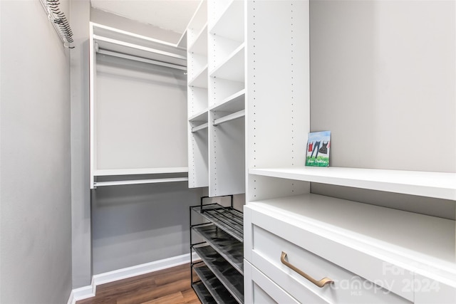 spacious closet with dark hardwood / wood-style flooring