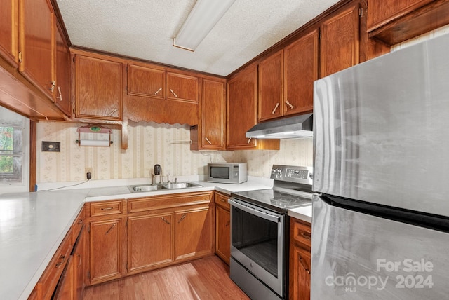 kitchen featuring sink, light wood-type flooring, a textured ceiling, and appliances with stainless steel finishes