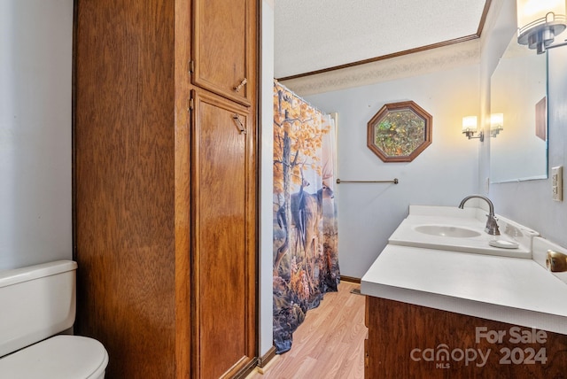 bathroom with vanity, toilet, wood-type flooring, and a textured ceiling