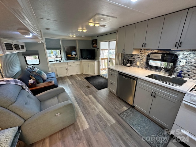 kitchen featuring light hardwood / wood-style flooring, stainless steel dishwasher, tasteful backsplash, and a healthy amount of sunlight