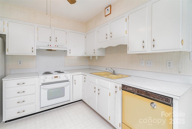 kitchen featuring stove, white dishwasher, ceiling fan, sink, and white cabinets