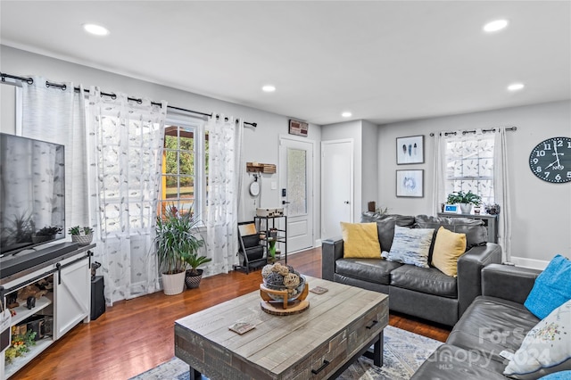 living room featuring a wealth of natural light and dark wood-type flooring