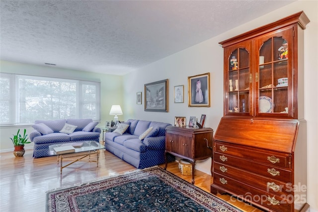 living area with wood finished floors and a textured ceiling