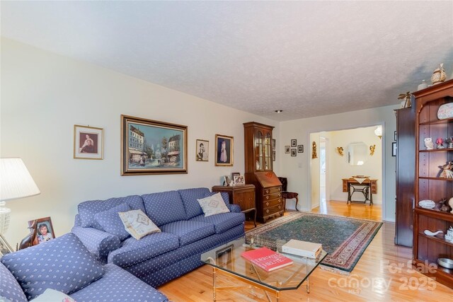 living area featuring light wood-style floors, baseboards, and a textured ceiling