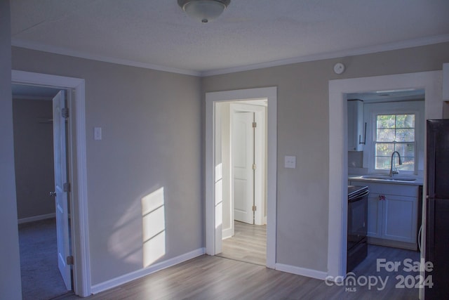 interior space with light hardwood / wood-style floors, refrigerator, ornamental molding, and sink