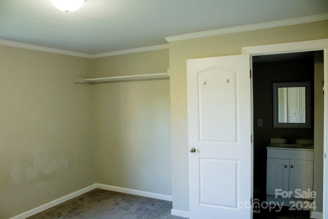 unfurnished bedroom featuring carpet floors, a closet, crown molding, and sink