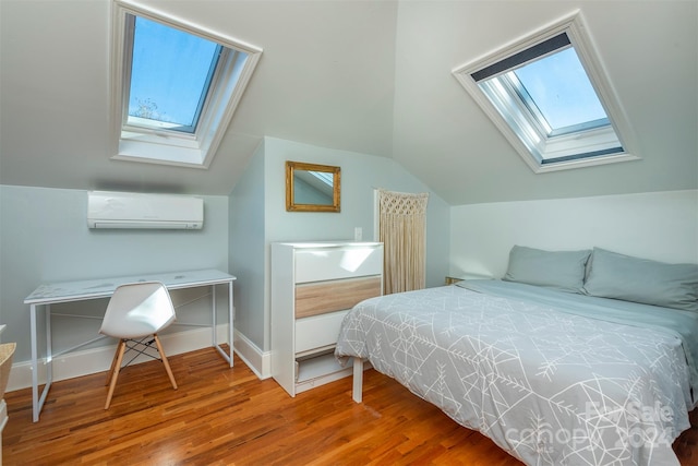 bedroom with a wall mounted AC, lofted ceiling, wood-type flooring, and multiple windows