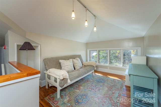 living room with wood-type flooring and lofted ceiling