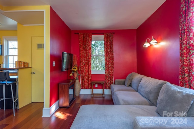 living room featuring dark hardwood / wood-style floors and plenty of natural light