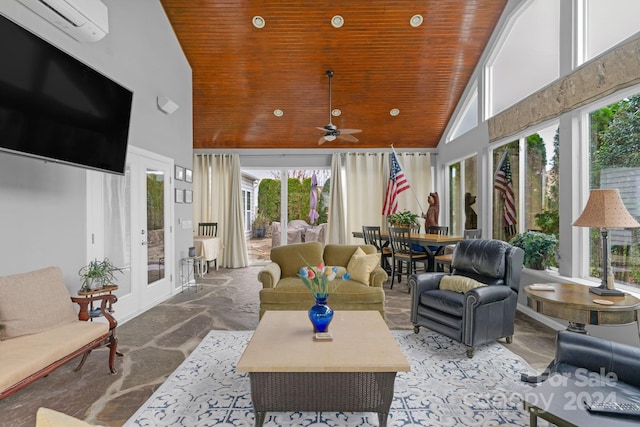 sunroom / solarium with wooden ceiling, lofted ceiling, a wall mounted AC, and ceiling fan