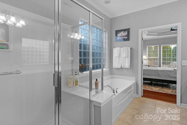 full bath with a garden tub, ornamental molding, a stall shower, ensuite bath, and tile patterned flooring