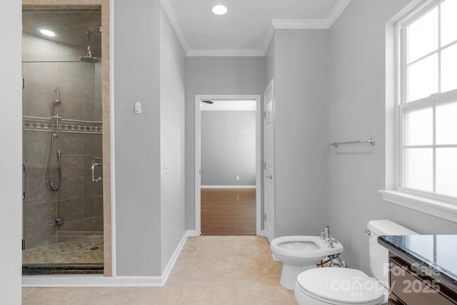 full bathroom featuring toilet, ornamental molding, tile patterned floors, a shower stall, and a bidet