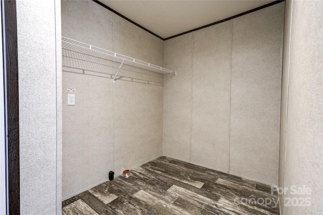 clothes washing area with dark hardwood / wood-style floors