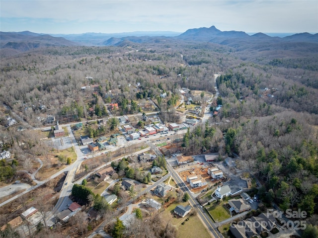 bird's eye view with a wooded view and a mountain view