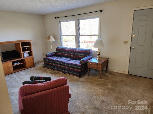 carpeted living room featuring a textured ceiling