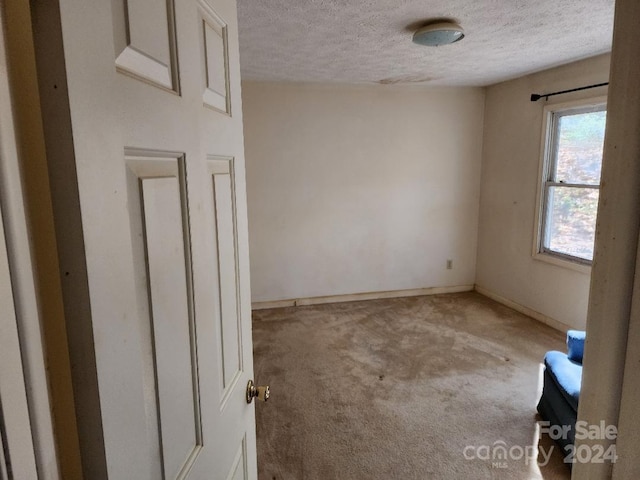 empty room with light colored carpet and a textured ceiling