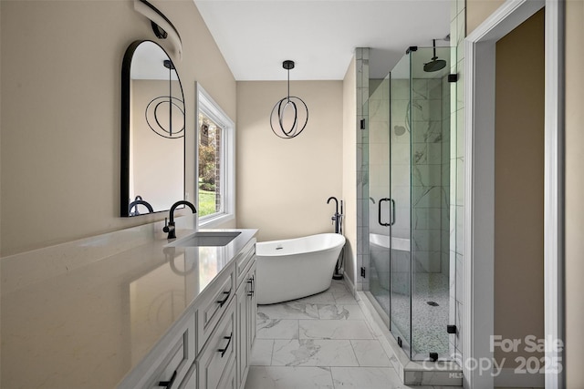 bathroom featuring vanity and separate shower and tub