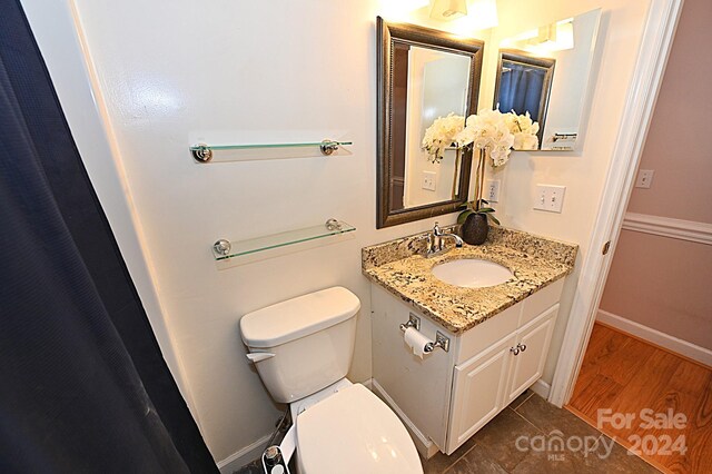 bathroom with hardwood / wood-style floors, vanity, and toilet