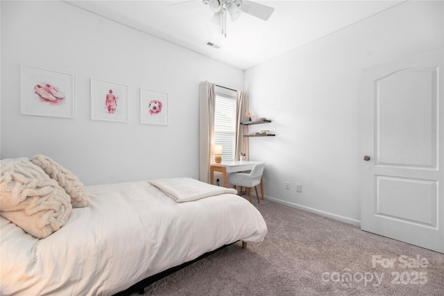 bedroom with ceiling fan and carpet floors