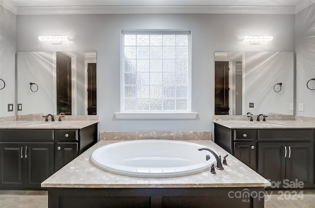 bathroom with vanity, crown molding, and a tub to relax in