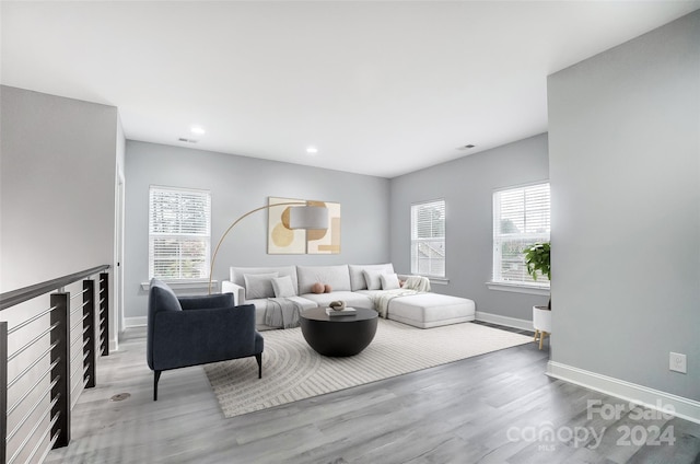 living room with hardwood / wood-style floors and a healthy amount of sunlight