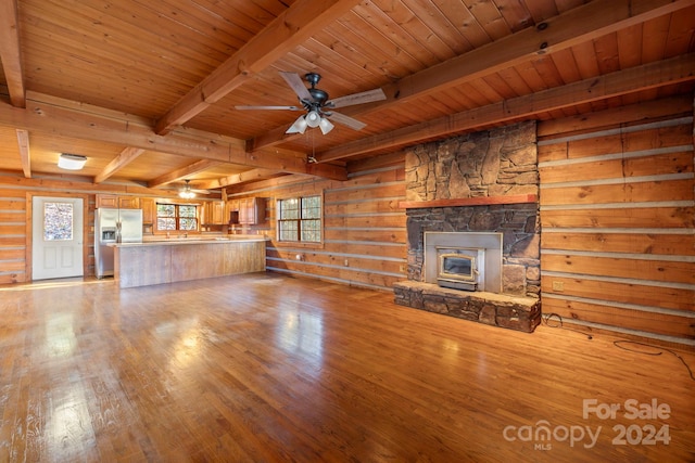 unfurnished living room with wood walls, wood-type flooring, and wooden ceiling