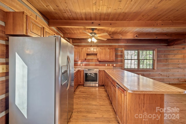 kitchen featuring appliances with stainless steel finishes, wood ceiling, light hardwood / wood-style flooring, beamed ceiling, and wood walls