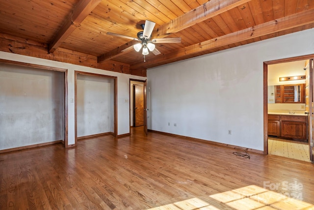 unfurnished bedroom featuring beam ceiling, light hardwood / wood-style floors, and wood ceiling