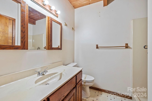 bathroom featuring vanity, wooden ceiling, and toilet