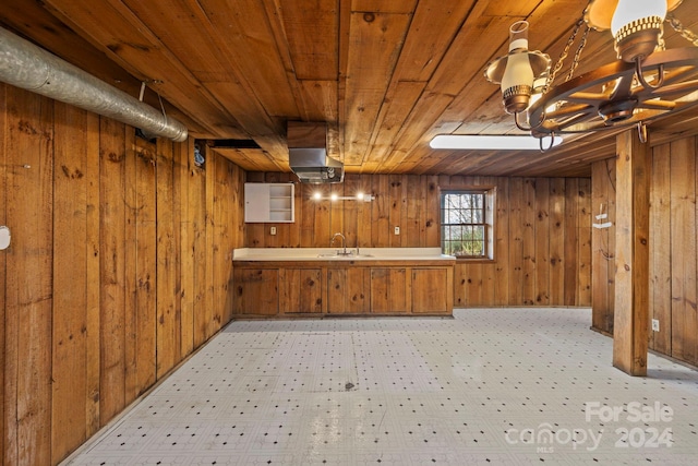 basement with wooden ceiling, wooden walls, and sink