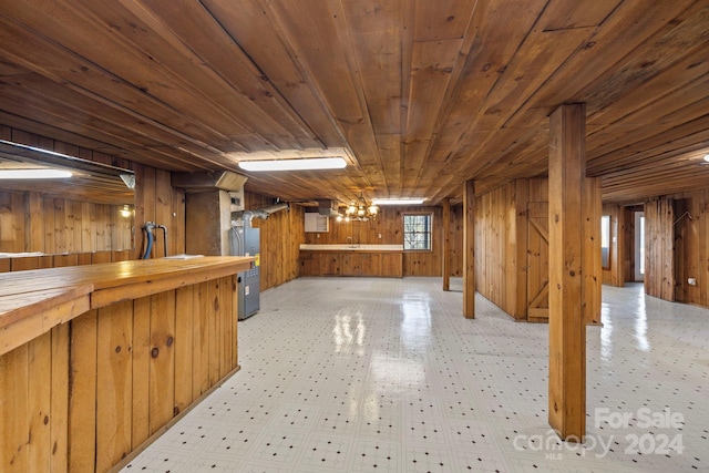 basement with wood walls, wood ceiling, water heater, and bar area