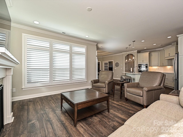 living room with dark hardwood / wood-style flooring, crown molding, and sink