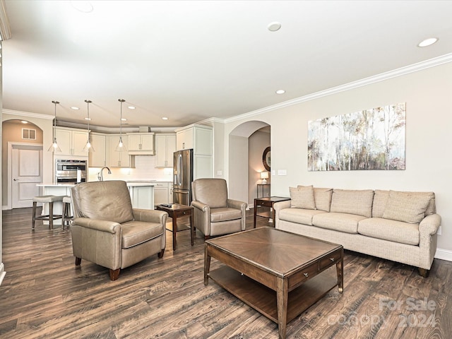 living room with crown molding, dark hardwood / wood-style flooring, and sink