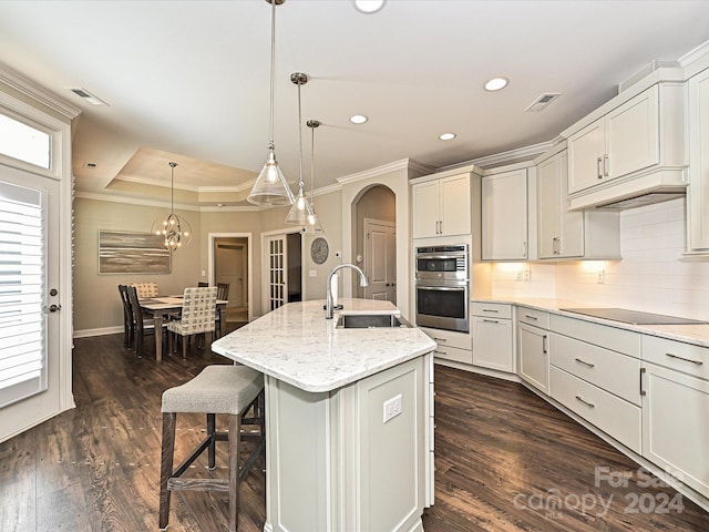 kitchen featuring pendant lighting, sink, an island with sink, dark hardwood / wood-style flooring, and stainless steel double oven