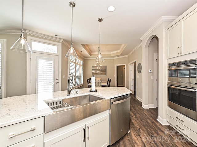 kitchen with white cabinetry, pendant lighting, dark hardwood / wood-style floors, and appliances with stainless steel finishes