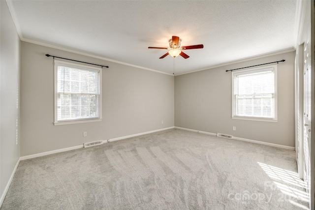 spare room featuring light colored carpet, ceiling fan, a healthy amount of sunlight, and ornamental molding