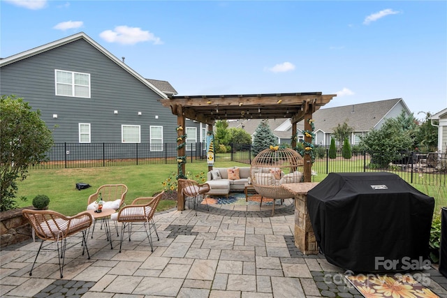 view of patio / terrace featuring a pergola, a grill, and an outdoor hangout area