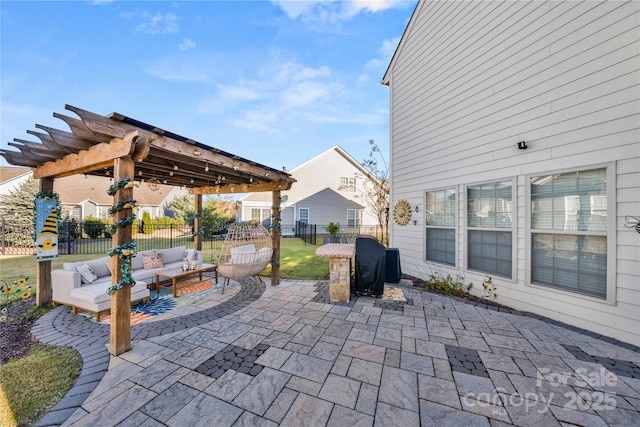 view of patio / terrace featuring an outdoor living space and a pergola