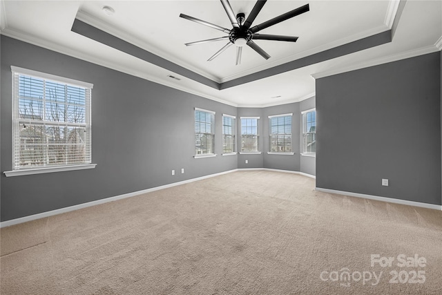 empty room featuring ornamental molding, carpet, a raised ceiling, and baseboards