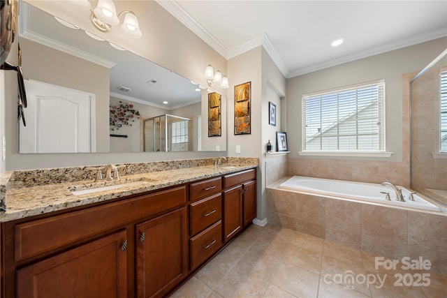 full bath featuring double vanity, ornamental molding, a sink, a shower stall, and a bath