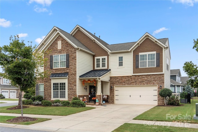 craftsman-style house featuring a front yard, a standing seam roof, fence, stone siding, and driveway