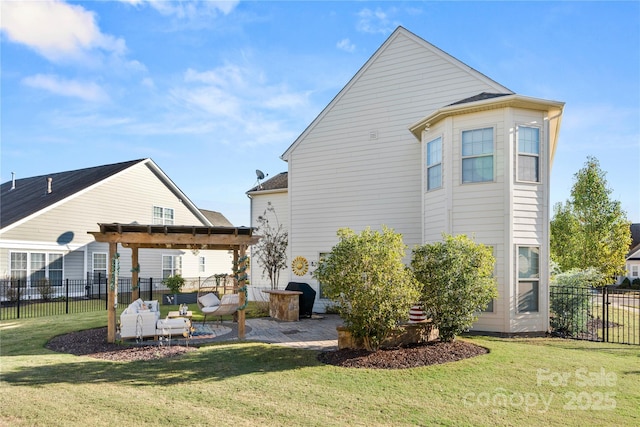 rear view of house with fence, a pergola, a lawn, and a patio