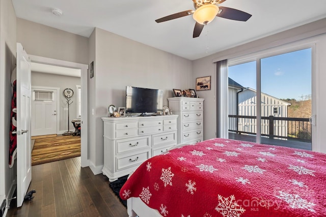 bedroom with access to outside, ceiling fan, and dark hardwood / wood-style flooring