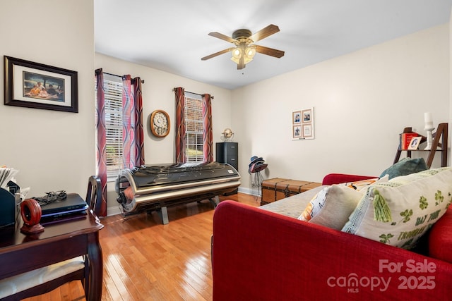 living room with ceiling fan and wood-type flooring