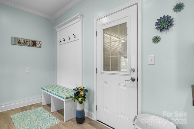 mudroom featuring light wood-type flooring and crown molding