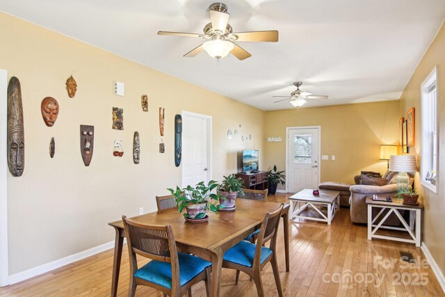 dining space with ceiling fan and light hardwood / wood-style floors