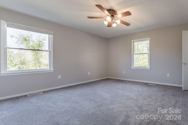 unfurnished room featuring carpet flooring, ceiling fan, and a wealth of natural light