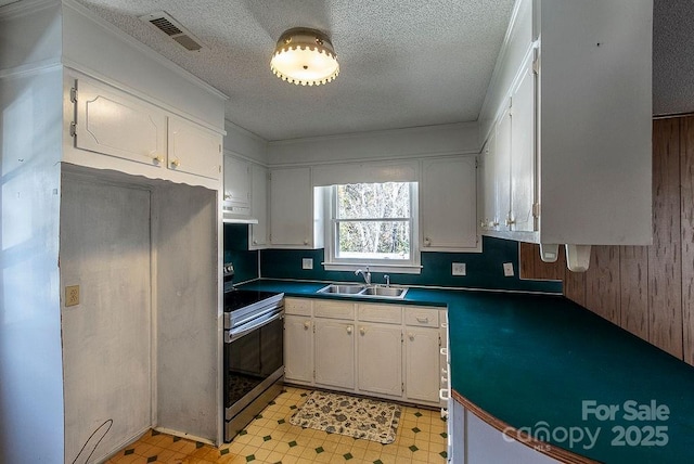 kitchen with wooden walls, sink, white cabinets, a textured ceiling, and electric stove